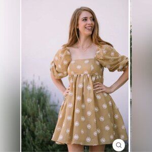 Storia Womens Puff Sleeve Amelia Mini Dress S Tan Floral Spring Babydoll Easter